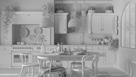 Total white project draft, dining table and kitchen in wooden scandinavian bo 스톡 일러스트