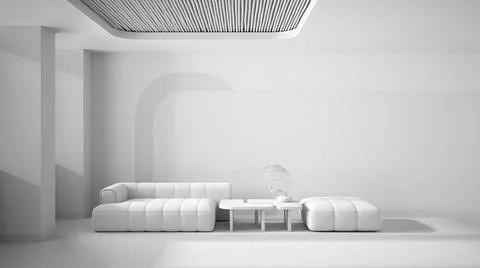 Total white project draft, elegant living room, modern sofa and pouf, table w Illustrazione stock