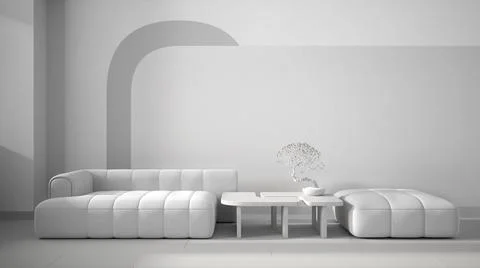 Total white project draft, elegant living room close up, modern sofa and pouf Stock Illustration