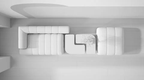 Total white project draft, elegant living room, sofa and pouf, wooden table w Stock Illustration