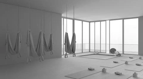 Total white project draft of empty yoga studio interior design, minimal open  Stock Illustration