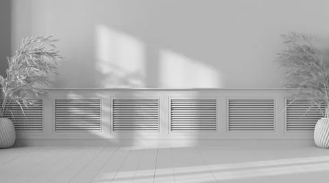 Total white project draft, empty room interior design, wooden table top, pane Stock Illustration