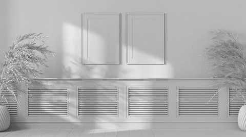 Total white project draft, empty room interior design, wooden table top, pane Illustrazione stock