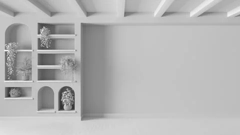 Total white project draft, empty room interior design with copy-space. Wood.. Stock Illustration