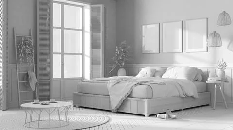 Total white project draft, farmhouse modern country bedroom. Double bed with  Stock Illustration