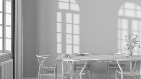 Total white project draft, farmhouse dining room with wooden table and chairs Illustrazione stock