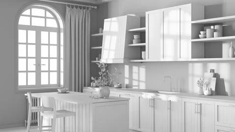 Total white project draft, farmhouse wooden kitchen with island and stools... Illustrazione stock
