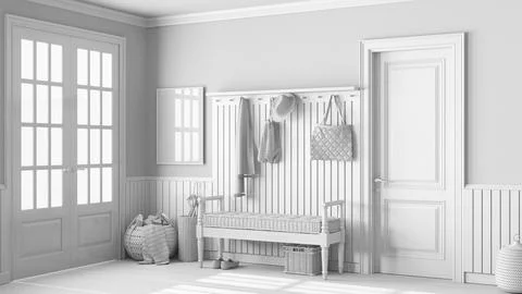 Total white project draft, farmhouse hallway. Wooden bench and coat rack. G.. Stock Illustration