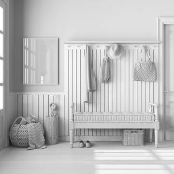 Total white project draft, farmhouse hallway with frame mockup. Wooden benc.. Stock Illustration