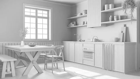 Total white project draft, farmhouse bleached wooden kitchen and dining roo.. Stock Illustration
