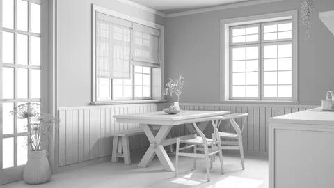 Total white project draft, farmhouse wooden dining room. Cabinets and table.. Stock Illustration