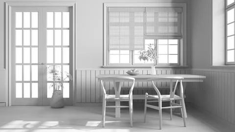 Total white project draft, farmhouse hallway with dining room. Wooden table.. Illustrazione stock