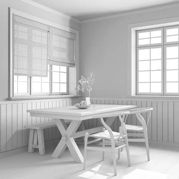 Total white project draft, farmhouse wooden dining room. Rustic table with .. Illustrazione stock