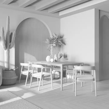 Total white project draft, farmhouse wooden dining room. Table with chairs .. Illustrazione stock