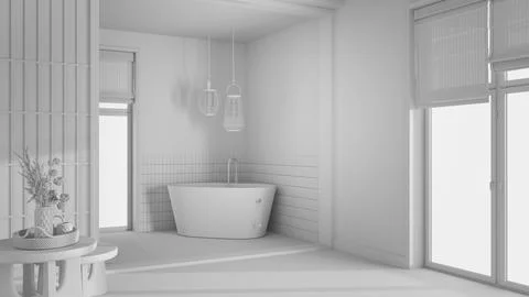 Total white project draft, farmhouse bathroom. Paper door and freestanding .. Illustrazione stock