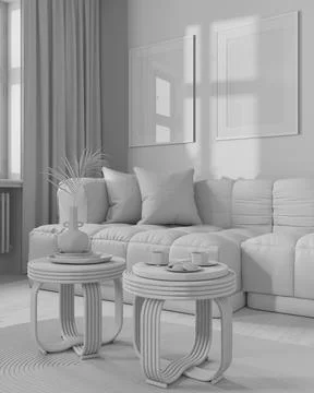 Total white project draft, frame mockup, wooden living room. Parquet and ratt Stock Illustration