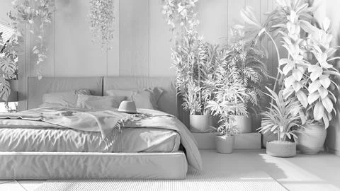 Total white project draft, home garden, minimal bedroom. Close-up, bed, par.. Stock Illustration