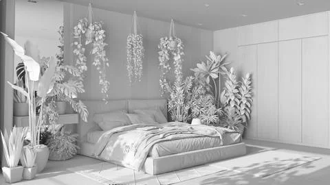 Total white project draft, home garden, minimal bedroom. Velvet double bed,.. Stock Illustration