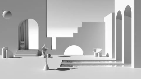 Total white project draft, imaginary fictional architecture, dreamlike empty  Illustrazione stock