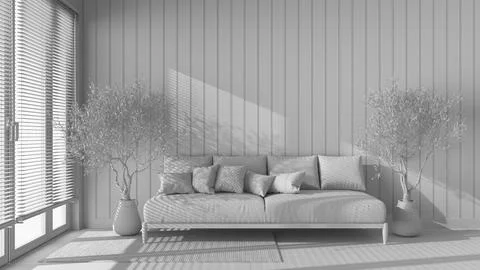 Total white project draft, japandi living room with copy space. Fabric sofa w Stock Illustration