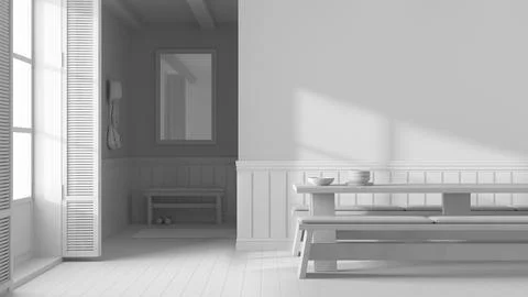 Total white project draft, japandi dining room with wooden minimalist table.  Stock Illustration