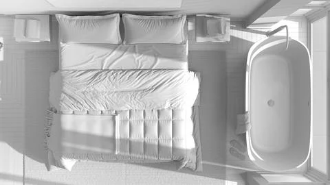 Total white project draft, japandi wooden bedroom with bathtub. Master bed,.. Stock Illustration
