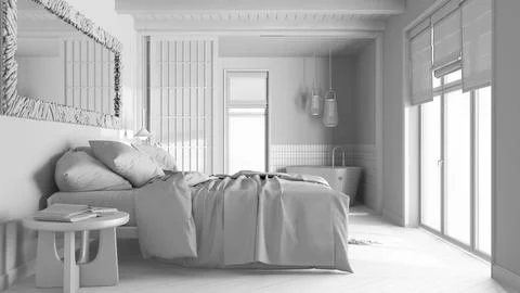 Total white project draft, japandi bedroom and bathroom. Double bed, paper .. Illustrazione stock