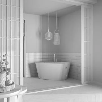 Total white project draft, japandi bathroom. Paper door and freestanding wo.. Illustrazione stock