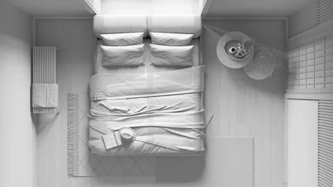 Total white project draft, japandi bedroom with wooden walls. Parquet, mast.. Illustrazione stock