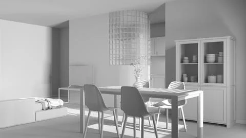 Total white project draft, japandi wooden dining and living room Table with.. Illustrazione stock