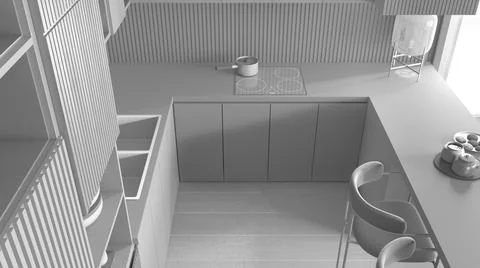 Total white project draft, kitchen in modern apartment, table, armchairs. Sin Illustrazione stock