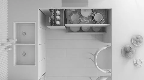 Total white project draft, kitchen close up with open drawers with accessorie Stock Illustration