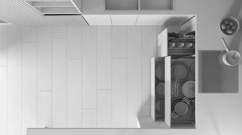 Total white project draft, kitchen close up with open drawers with plates, po 스톡 일러스트