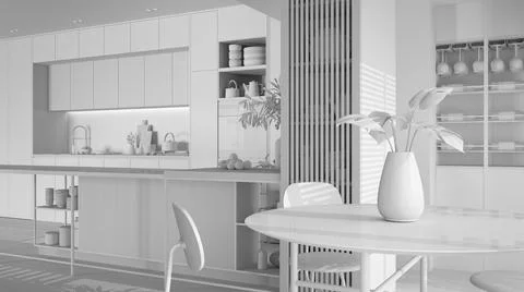 Total white project draft, kitchen, Island, parquet and decors. Dining table  Stock Illustration