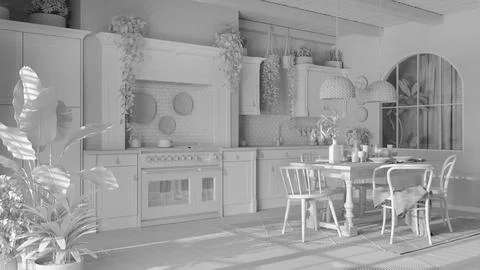 Total white project draft, kitchen and dining room with wooden details in boh Ilustração Stock