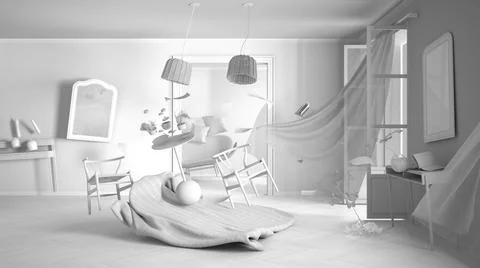 Total white project draft, living room, home chaos concept with chairs and ta Stock-Illustration