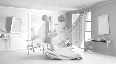 Total white project draft, living room, home chaos concept with chairs and ta Stock-Illustration