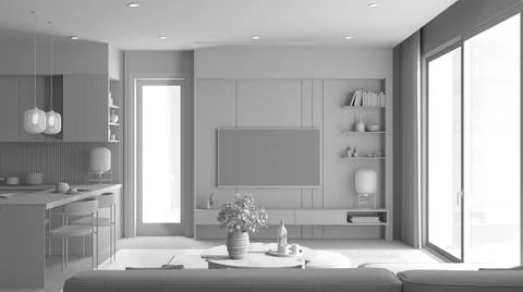 Total white project draft, living room and kitchen in modern apartment, table Illustrazione stock