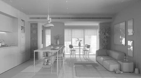 Total white project draft, living room, kitchen and dining room in dark and w Stock Illustration