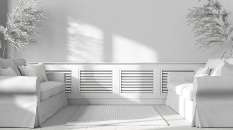 Total white project draft, living room, colonial vintage style. Fabric sofas  Stock-Illustration