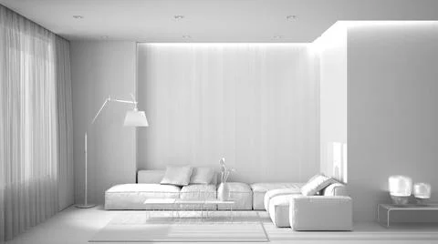 Total white project draft, luxury minimal living room with parquet floor, con 스톡 일러스트