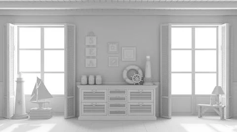 Total white project draft, marine style, living room with wooden and rattan c Illustrazione stock