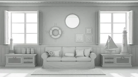 Total white project draft, marine style, living room with sofa and carpet. Pa Stock Illustration