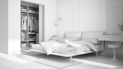 Total white project draft, minimal classic bedroom with walk-in closet, doubl Stock Illustration
