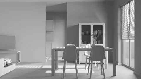 Total white project draft, minimal dining and living room. Wooden table wit.. Illustrazione stock