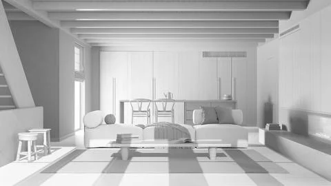 Total white project draft, minimal modern wooden kitchen and living room. S.. Stock Illustration