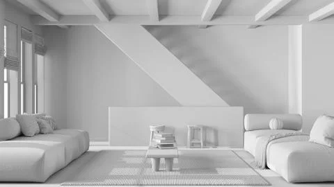 Total white project draft, minimal living room with wooden beams ceiling. S.. Stock Illustration