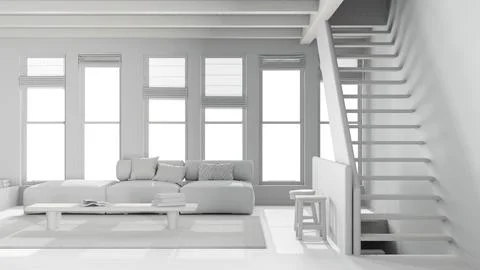 Total white project draft, minimal living room with wooden beams ceiling an.. Stock Illustration