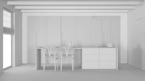 Total white project draft, minimal kitchen with wooden beams ceiling and wi.. Illustrazione stock