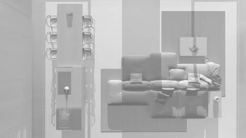 Total white project draft, minimal modern wooden kitchen and living room. S.. 스톡 일러스트